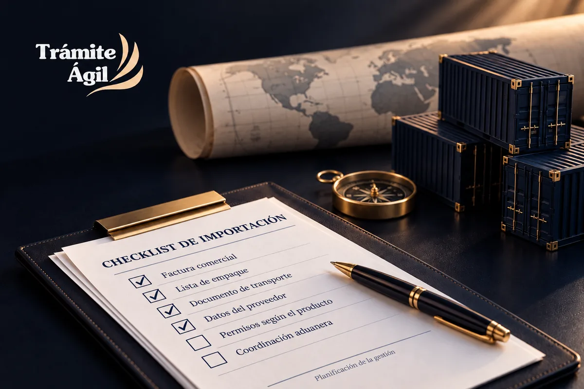 Contenedores y checklist ilustrativo para organizar una importación.